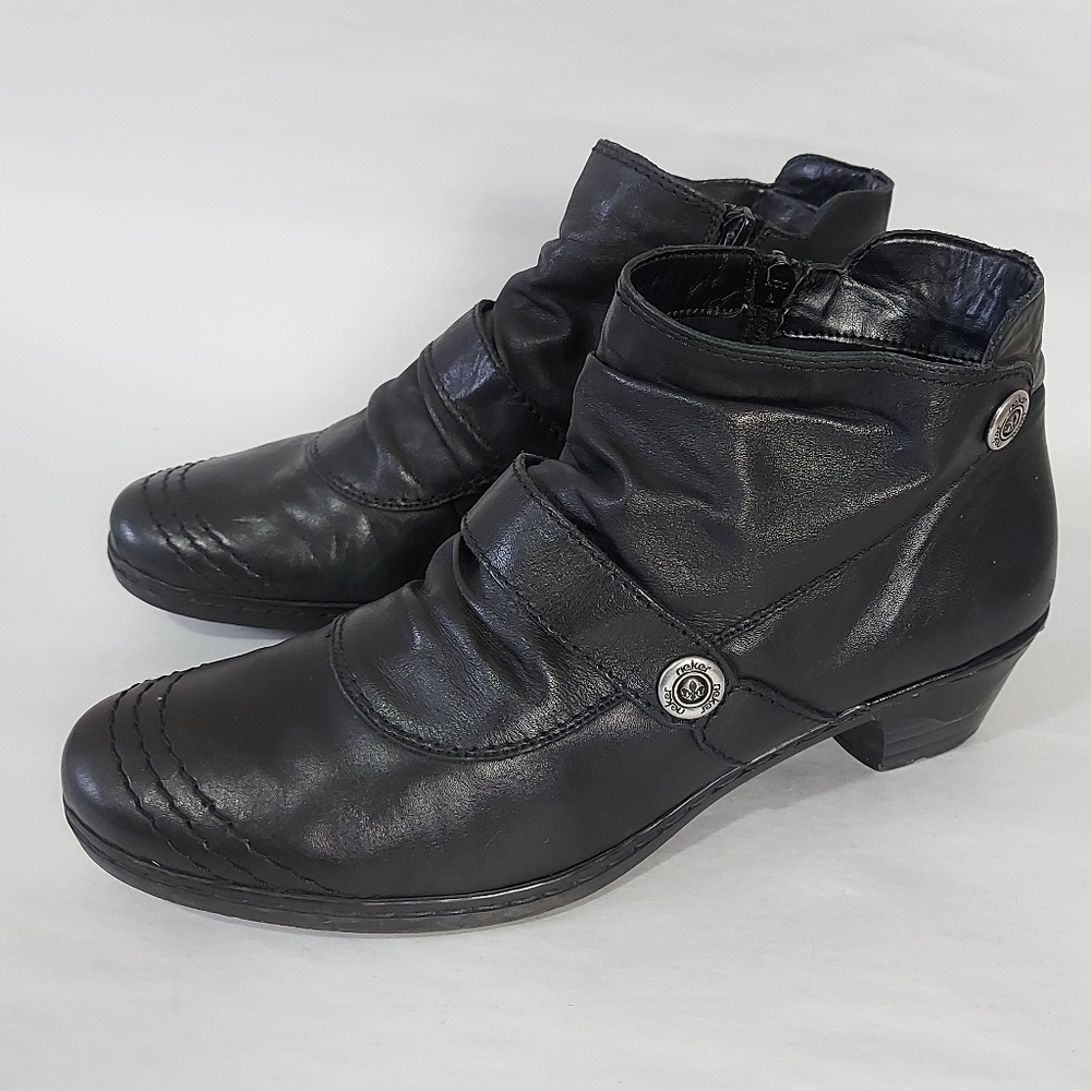 Rieker Women Lynn Zip Up Buttons Ruched Antistress Ankle Boots 40 Black Leather